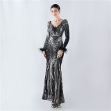 V-Neck Feather Long Sleeve Sequins Plus Size Formal Party Evening Dress