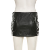 Punk Sexy Leather V-Neck Strap Vest Top Hollow Pin Buckle Adjustable Skirt Set