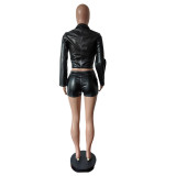 Long Sleeve Pu Leather Zipper Top Shorts Casual Two Piece Set
