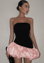 Winter Women's Strapless Velvet Patchwork Puffy Short Dress Winter Women's Strapless Velvet Patchwork Puffy Short Dress