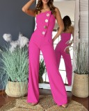 Summer Sexy Solid Color Strapless Button Flared Jumpsuit For Women