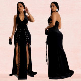 Fashion Women's Halter Neck Arm Sexy Slit Long Dress