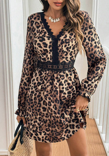 Women French V-Neck Leopard Print Long Sleeve Lace Long Sleeve Dress