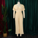 Women V-Neck Solid Sexy Pleated Jumpsuit