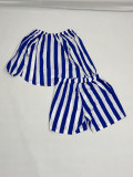 Plus Size Women striped print long-sleeved Top and shorts Two Piece Set