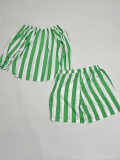Plus Size Women striped print long-sleeved Top and shorts Two Piece Set