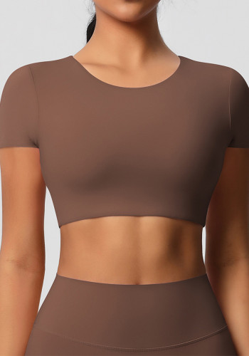 Women short sleeve yoga clothes with chest pads Pilates running sports Top