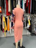 Women Pleated Long Sleeve Print Bodycon Dress