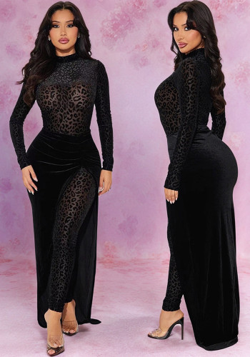 Women Leopard Print Velvet Sexy See-Through Jumpsuit and Skirt Two Piece Set