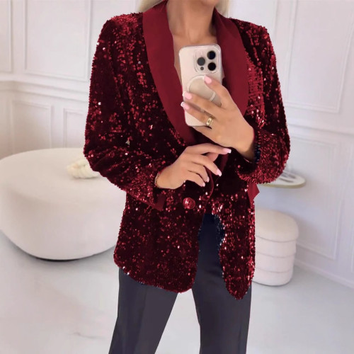 Women autumn and winter Casual sequin Turndown Collar Blazer jacket