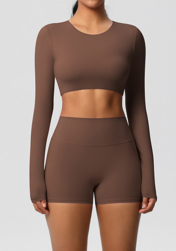 Women Solid with chest pads Yoga clothes long sleeve running sports fitness clothes Two Piece Set