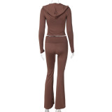 Women's autumn and winter zipper long sleeve hooded top Bell Bottom pants fashion Casual two piece set