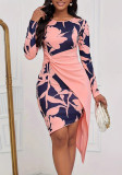 Women Pleated Long Sleeve Print Bodycon Dress
