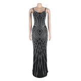 Women Beaded Suspender Elastic Bodycon Maxi Dress