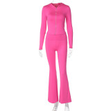 Women's autumn and winter zipper long sleeve hooded top Bell Bottom pants fashion Casual two piece set