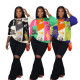 Autumn Trend Contrast Color Patchwork Letter Print Top Loose Round Neck Long Sleeve T-Shirt