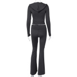 Women's autumn and winter zipper long sleeve hooded top Bell Bottom pants fashion Casual two piece set