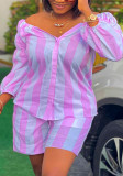 Plus Size Women striped print long-sleeved Top and shorts Two Piece Set