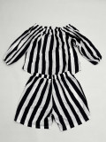 Plus Size Women striped print long-sleeved Top and shorts Two Piece Set