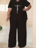 Plus Size Women short-sleeved Casual print Top and Pants Two Piece Set