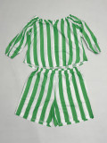 Plus Size Women striped print long-sleeved Top and shorts Two Piece Set