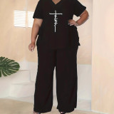 Plus Size Women short-sleeved Casual print Top and Pants Two Piece Set