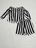 Plus Size Women striped print long-sleeved Top and shorts Two Piece Set