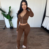 Women's autumn and winter zipper long sleeve hooded top Bell Bottom pants fashion Casual two piece set