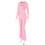 Women's autumn and winter zipper long sleeve hooded top Bell Bottom pants fashion Casual two piece set