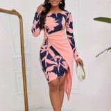 Women Pleated Long Sleeve Print Bodycon Dress
