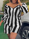 Plus Size Women striped print long-sleeved Top and shorts Two Piece Set