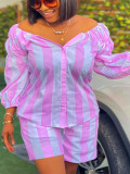 Plus Size Women striped print long-sleeved Top and shorts Two Piece Set