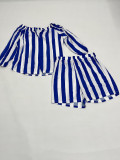 Plus Size Women striped print long-sleeved Top and shorts Two Piece Set