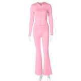 Women's autumn and winter zipper long sleeve hooded top Bell Bottom pants fashion Casual two piece set