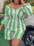 Plus Size Women striped print long-sleeved Top and shorts Two Piece Set