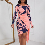 Women Pleated Long Sleeve Print Bodycon Dress