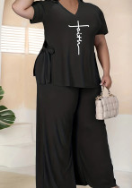 Plus Size Women short-sleeved Casual print Top and Pants Two Piece Set