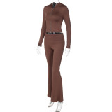 Women's autumn and winter zipper long sleeve hooded top Bell Bottom pants fashion Casual two piece set