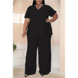 Plus Size Women short-sleeved Casual print Top and Pants Two Piece Set