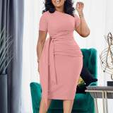 African Women Summer Short Sleeve Pleated Lace-Up Slash Shoulder Dress