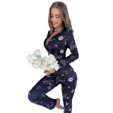 Button V-Neck Tight Fitting Valentine's Day Pajamas Lips Letter Print Long-Sleeved Home Jumpsuit