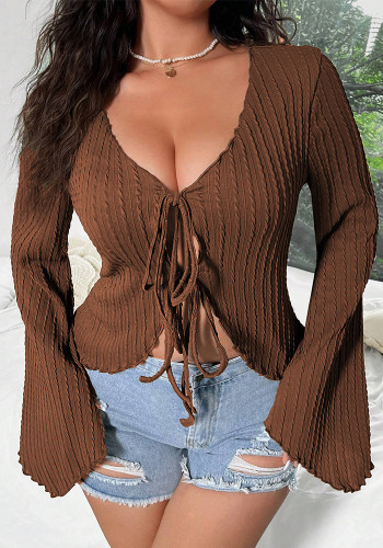 Autumn And Winter Plus Size Women's Sexy V-Neck Bell Bottom Sleeve Slim Lace-Up V-Neck Top