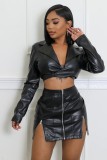 Fashionable Long-Sleeved V-Neck Slim Fit Sexy Hollow Fake Two-Piece Leather Dress