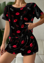 Pajamas Casual Red Lips Printed T-Shirt Shorts Two-Piece Set Comfortable Ladies Home Clothes