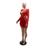 Women Fashion Sexy V-Neck Solid Color Long Sleeve Bodycon Short Evening Dress