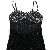 Women Velvet Sequin Beaded Strap Long Party Dress Dress