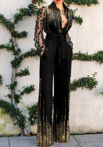 Spring Summer Women's Sexy Lace Patchwork Bell Bottom Jumpsuit