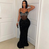 Women Velvet Sequin Beaded Strap Long Party Dress Dress