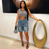 Women Pocket Cargo Knee-Length Denim Shorts