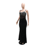Women Velvet Sequin Beaded Strap Long Party Dress Dress